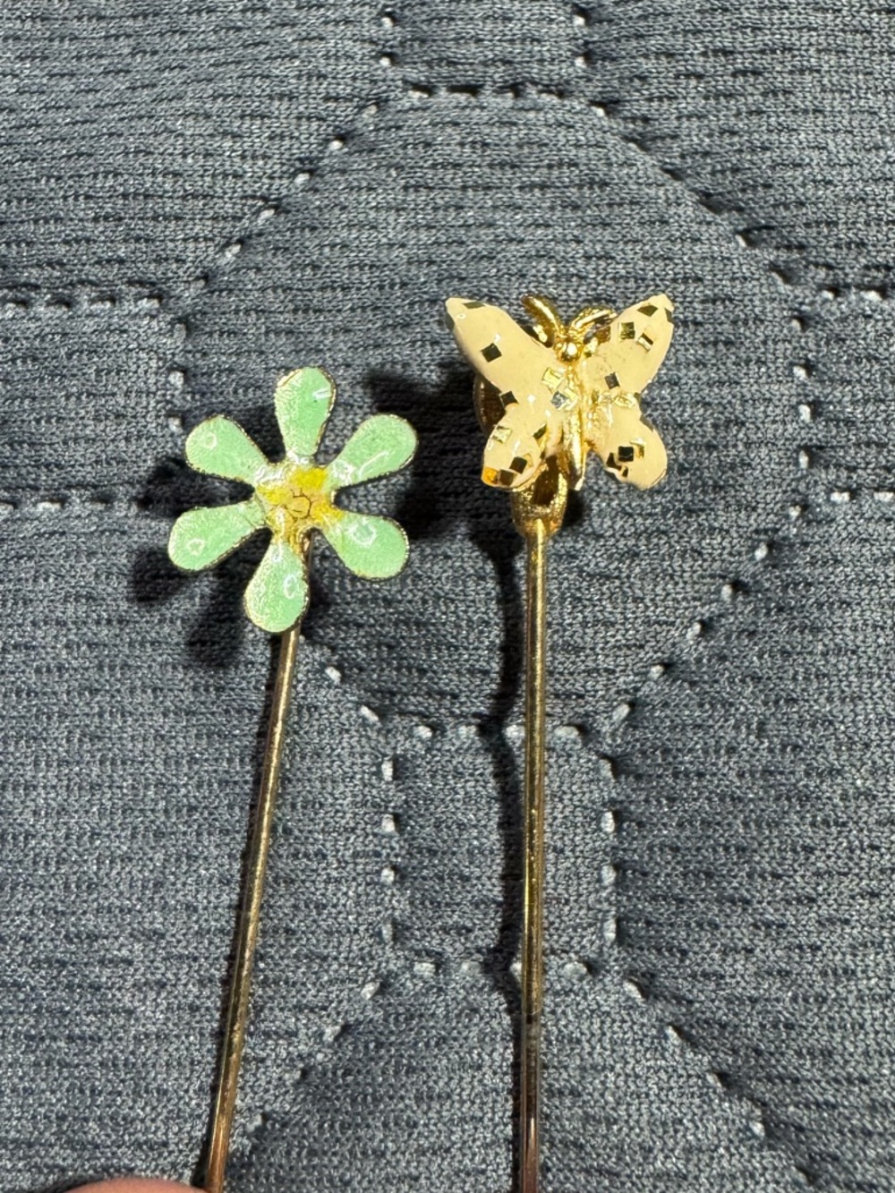 Vintage  Flower and Butterfly Stick / Hat pin - Lot of 2 - Gold Tone